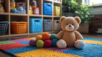 Playful teddy bear surrounded by colorful building blocks in a bright kids room photo