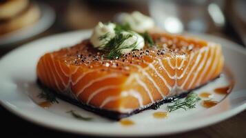 Freshly sliced salmon served with red onion and creamy dressing on a light plate photo