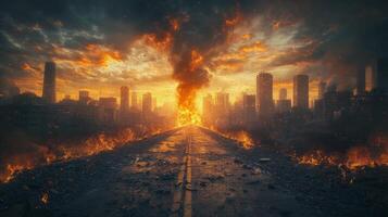 Dramatic sunset over a desolate road with dark smoke billowing into the sky photo