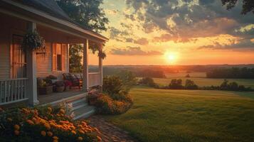 Sunset view from a cozy porch adorned with flowers in a rural landscape photo