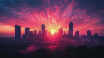 Vibrant sunset casting colorful hues over a modern city skyline with towering buildings photo