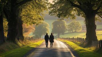 Couple walking hand in hand along a tree-lined path during autumn morning photo