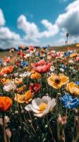 Vibrant tulip field blooms in springtime at a local park under a bright blue sky photo