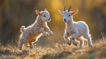 Playful goat kid jumps happily in a barn with a calm adult goat nearby during sunny afternoon photo