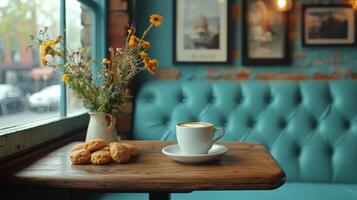 Cozy cafe setting with a cup of coffee and cookies on a wooden table by the window photo