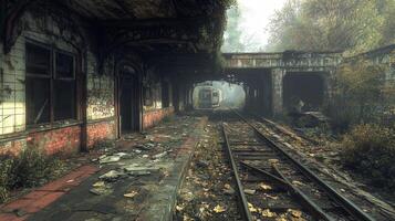 Abandoned railway tracks with autumn foliage in a quiet, rural setting during overcast weather photo