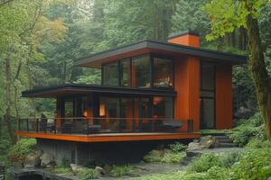 Modern architecture blends with nature in a tropical forested setting photo