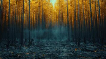 Wildfire devastation in a dense forest during the sunset hour with flames and charred trees photo