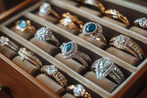 Collection of elegant rings displayed in a velvet-lined jewelry box showcasing various gemstones and designs photo