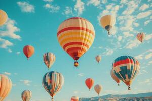 Colorful floating spheres creating dynamic patterns against a bright blue sky photo