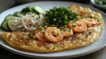 Shrimp omelet served on a plate with fresh vegetables in a vibrant dining setting photo