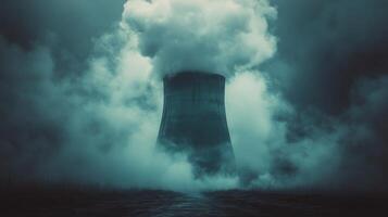 Nuclear symbol engulfed in fiery debris during a dramatic volcanic eruption photo