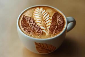 Crafting latte art in a cozy cafe with a warm beverage served in a speckled cup photo