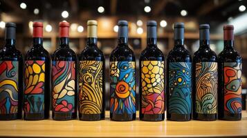 Artistic wine bottles displayed on a wooden shelf in a vibrant winery setting photo