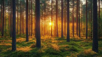 Dappled sunlight streaming through a serene forest at dawn illuminating wildflowers and trees photo