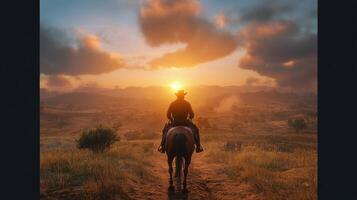 Cowboy riding into sunset on a horse across a grassy landscape in open countryside photo