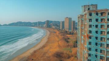 Abandoned buildings along the shoreline with waves and cloudy sky at dusk photo
