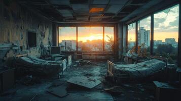 Abandoned hospital room filled with decay and neglect, showcasing empty beds and broken furniture photo