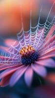 Close-up of a vibrant flower with a delicate spider web adorned with dew drops photo