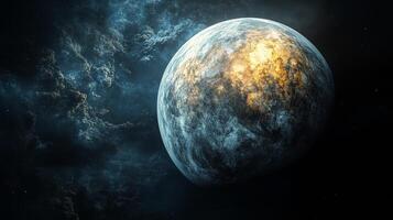 Planetary emergence amidst swirling clouds in a cosmic landscape photo