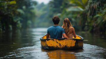 Serene boat ride through lush green canal at sunset with tranquil reflection on water photo
