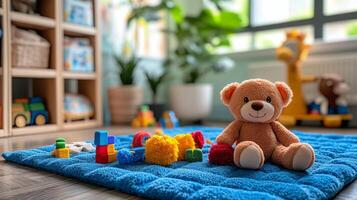 Playful teddy bear surrounded by colorful building blocks in a bright kids room photo