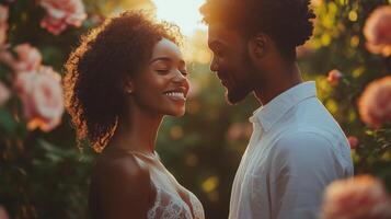 Couple sharing a tender moment during sunset silhouette in an urban setting photo