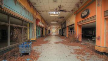 Abandoned shopping mall with escalator and peeling pink walls captured in daylight photo