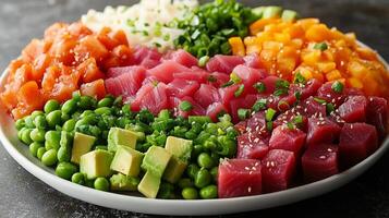 Vibrant sushi platter featuring fresh tuna, avocado, cucumber, and edamame in a colorful arrangement photo