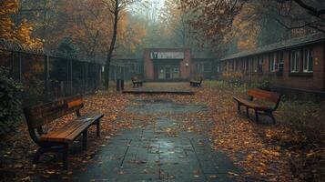 Abandoned courtyard with bench surrounded by overgrown plants in a misty environment photo