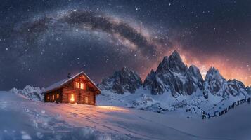 Cozy cabin illuminated at night against a snowy mountain backdrop in winter wonderland photo