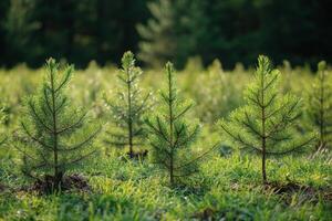 Young trees growing in a field at sunset with sunlight illuminating the landscape photo