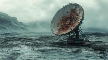 Abandoned satellite dish in a desolate landscape under a cloudy sky photo