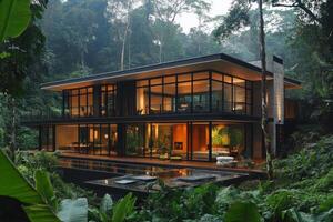 Modern architecture blends with nature in a tropical forested setting photo
