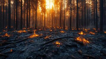 Wildfire devastation in a dense forest during the sunset hour with flames and charred trees photo