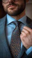 Man in a tailored suit adjusting his tie in a classy indoor setting during the daytime photo