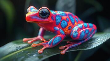 Colorful tropical frog perched on a green leaf in a rainforest habitat photo