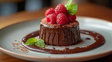 Delicious chocolate mousse dessert topped with fresh raspberries and mint leaves on a black plate photo