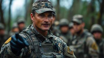 Military trainer instructs troops during field exercises in dense forest environment photo