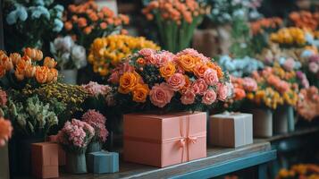 Wrapped gifts surrounded by colorful flowers for a cheerful celebration photo