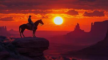 Cowboy riding into sunset on a horse across a grassy landscape in open countryside photo