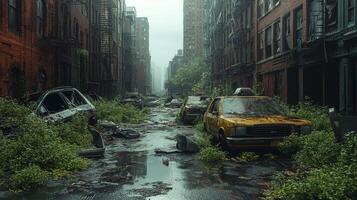 Decayed urban landscape with abandoned cars overgrown by vegetation in a deserted city photo