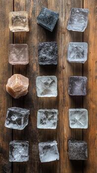 Unique arrangement of transparent and colored ice cubes in a wooden tray photo