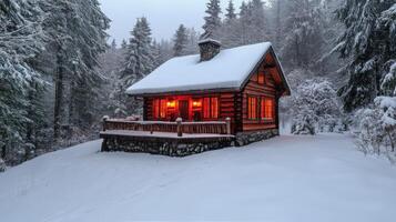 Cozy log cabin in snowy landscape during sunset surrounded by pine trees photo