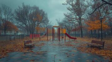 Playgrounds in autumn reveal deserted swings and slides in quiet neighborhood park photo