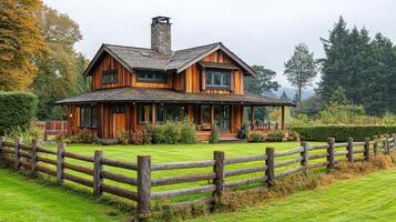 Charming wooden house surrounded by lush greenery and scenic landscaping in a peaceful rural setting photo