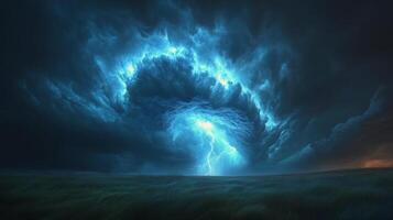 Dramatic storm clouds illuminate the horizon during sunset with flashes of lightning in the sky photo