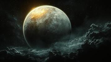 Planetary emergence amidst swirling clouds in a cosmic landscape photo