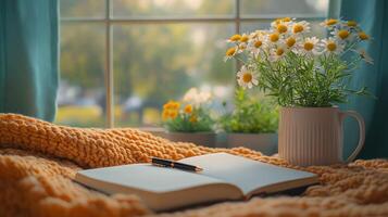 acogedor ajuste con flores, un libro, y Mañana ligero brillante mediante un ventana foto