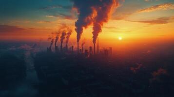 City skyline under orange sunset with smoke rising from buildings in a pollution-filled atmosphere photo